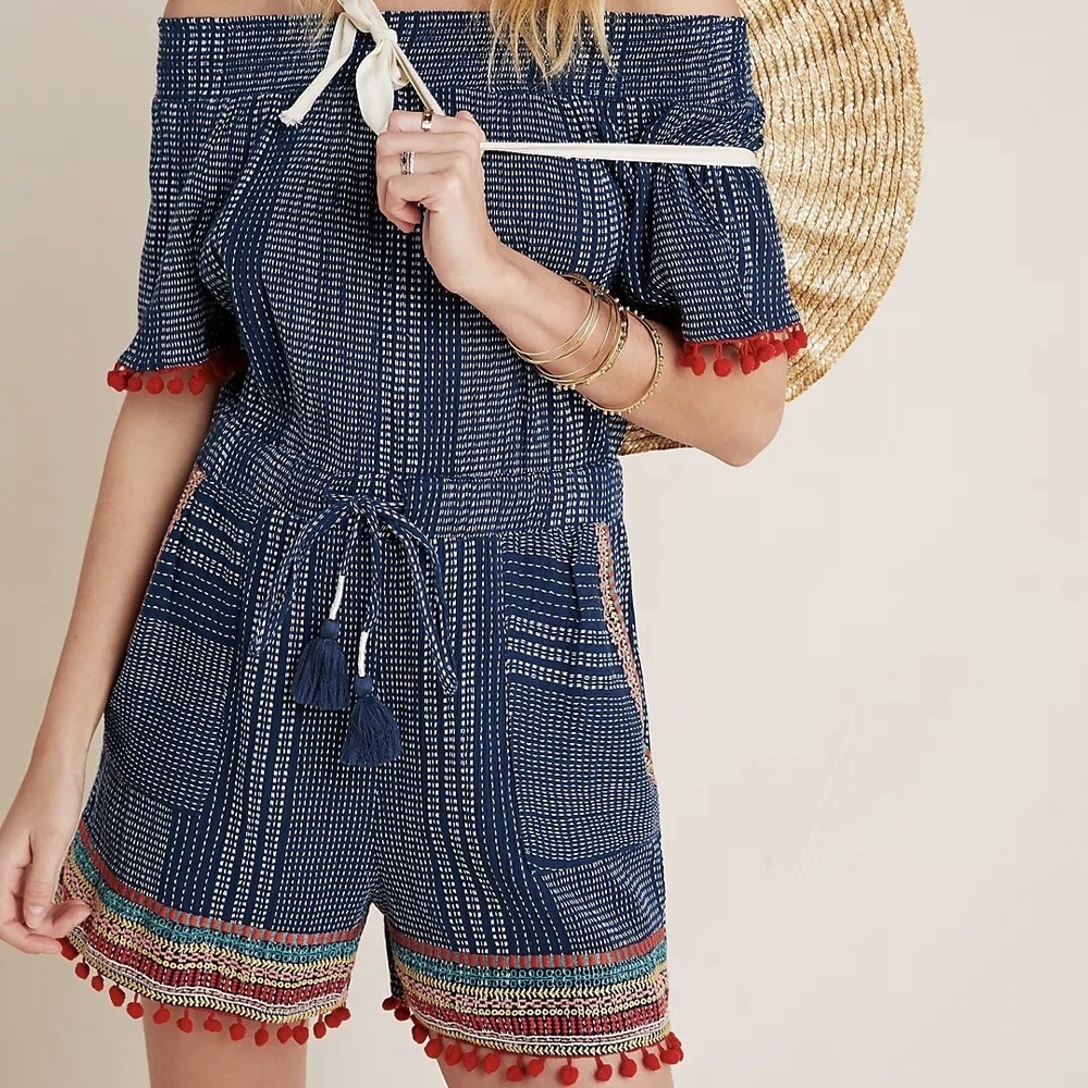Anthropologie Navy Blue Off-Shoulder Romper with Red Pom Trim